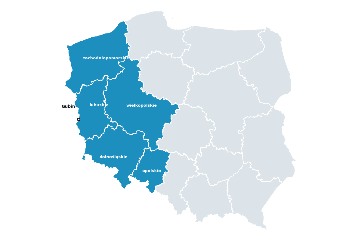 Obszar realizacji Bolan Metal System — Gubin i promień 300 km